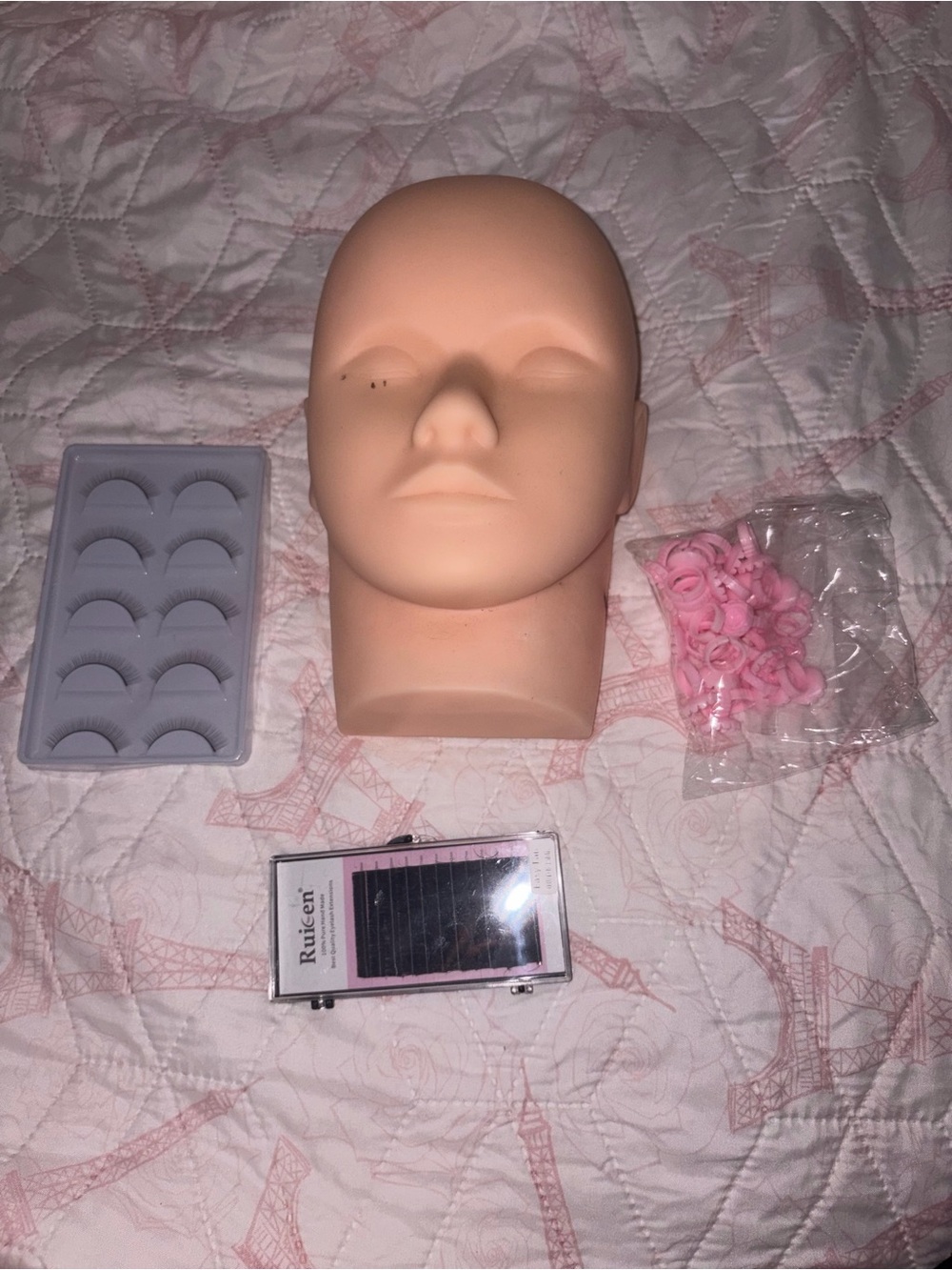 Amazon Practice Mannequin Head with Pink Lash Rings and Black False Lashes